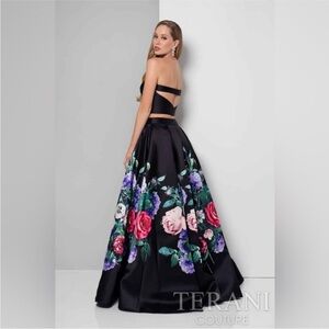 Terani Couture Strapless Black Dress with Floral Design